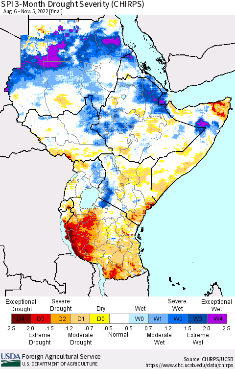 Eastern Africa SPI 3-Month Drought Severity (CHIRPS) Thematic Map For 8/6/2022 - 11/5/2022