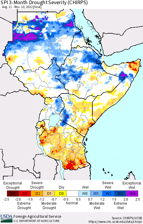 Eastern Africa SPI 3-Month Drought Severity (CHIRPS) Thematic Map For 8/11/2022 - 11/10/2022