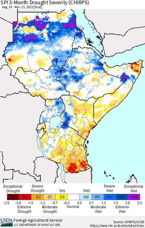 Eastern Africa SPI 3-Month Drought Severity (CHIRPS) Thematic Map For 8/16/2022 - 11/15/2022