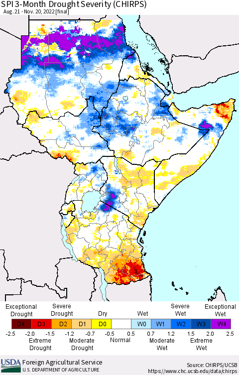 Eastern Africa SPI 3-Month Drought Severity (CHIRPS) Thematic Map For 8/21/2022 - 11/20/2022