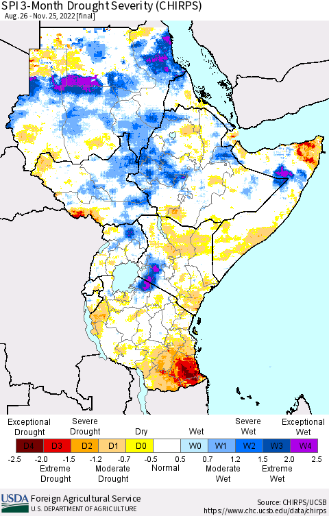 Eastern Africa SPI 3-Month Drought Severity (CHIRPS) Thematic Map For 8/26/2022 - 11/25/2022