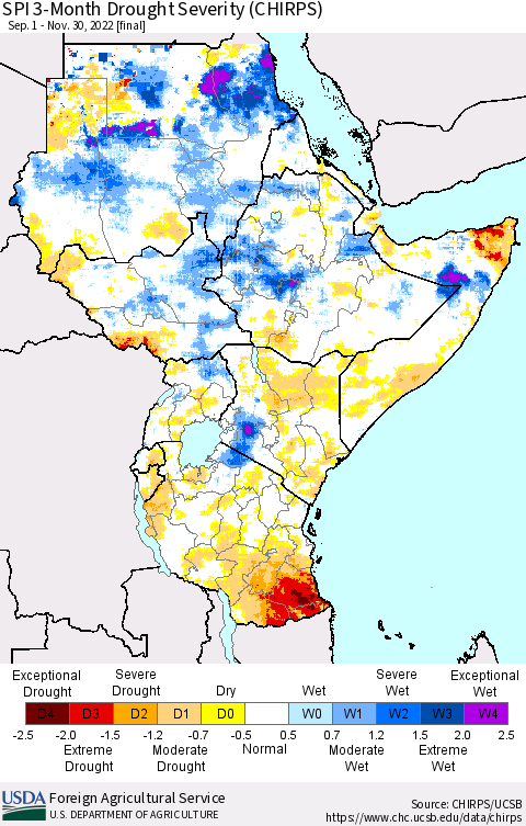 Eastern Africa SPI 3-Month Drought Severity (CHIRPS) Thematic Map For 9/1/2022 - 11/30/2022
