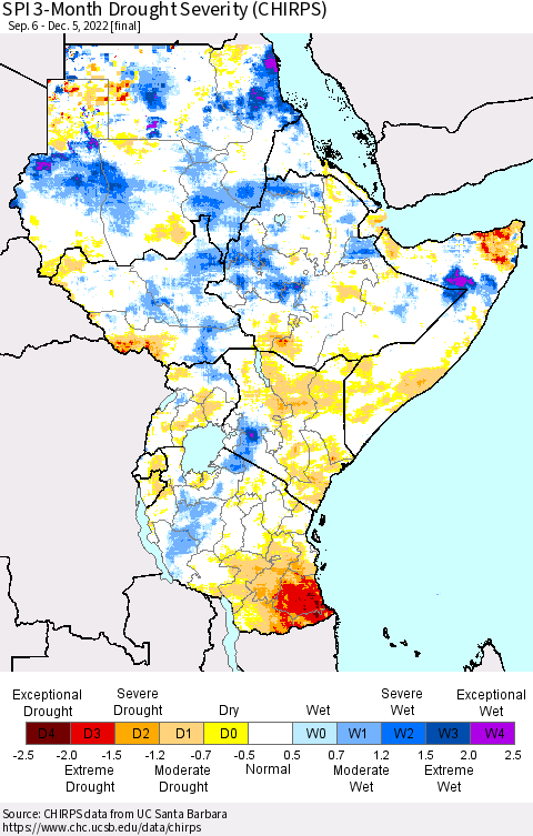 Eastern Africa SPI 3-Month Drought Severity (CHIRPS) Thematic Map For 9/6/2022 - 12/5/2022