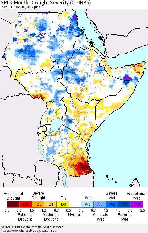 Eastern Africa SPI 3-Month Drought Severity (CHIRPS) Thematic Map For 9/11/2022 - 12/10/2022