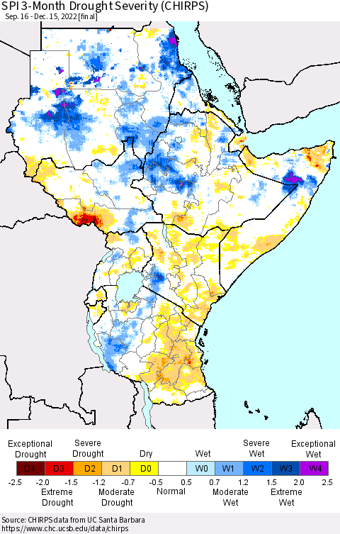 Eastern Africa SPI 3-Month Drought Severity (CHIRPS) Thematic Map For 9/16/2022 - 12/15/2022