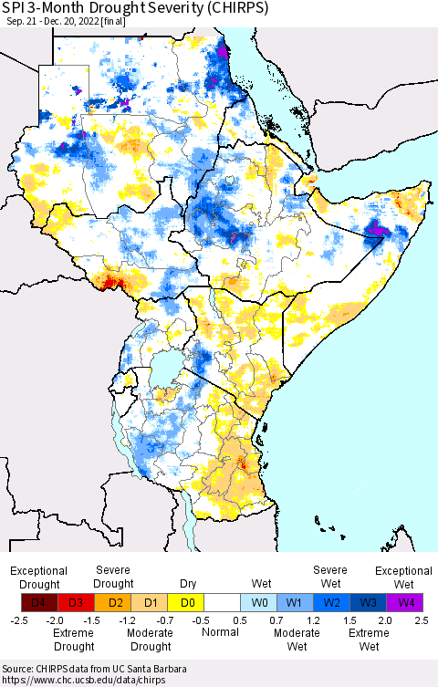 Eastern Africa SPI 3-Month Drought Severity (CHIRPS) Thematic Map For 9/21/2022 - 12/20/2022
