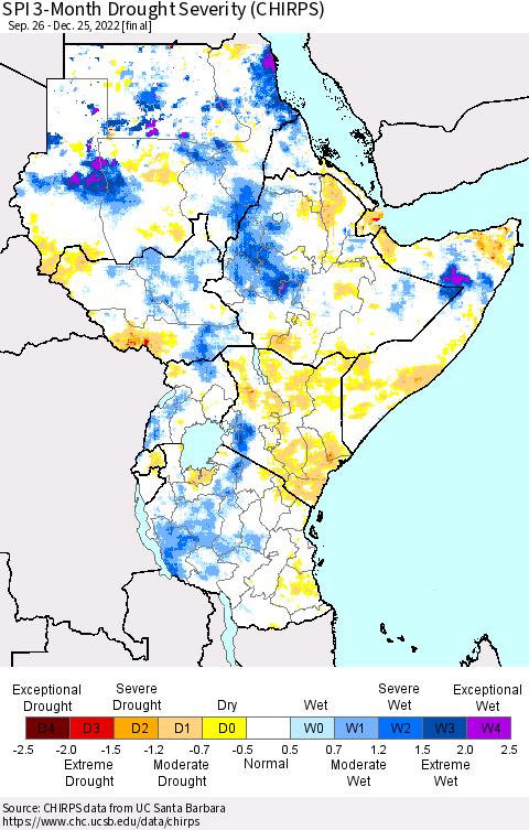 Eastern Africa SPI 3-Month Drought Severity (CHIRPS) Thematic Map For 9/26/2022 - 12/25/2022