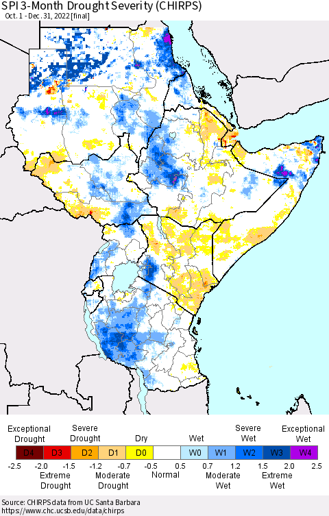Eastern Africa SPI 3-Month Drought Severity (CHIRPS) Thematic Map For 10/1/2022 - 12/31/2022