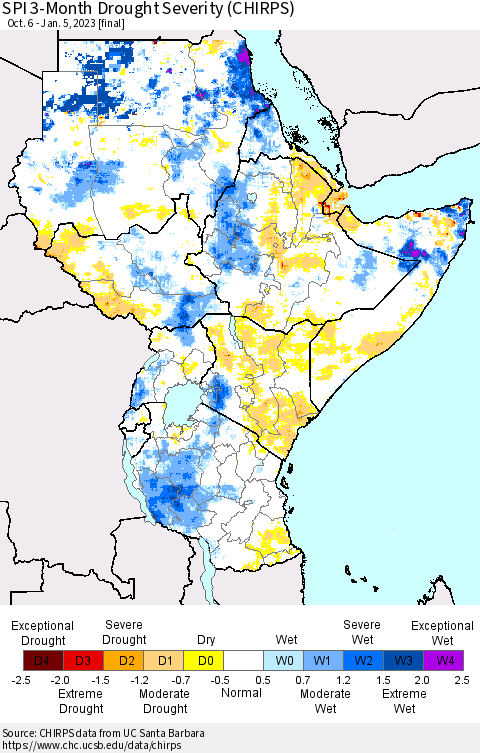 Eastern Africa SPI 3-Month Drought Severity (CHIRPS) Thematic Map For 10/6/2022 - 1/5/2023
