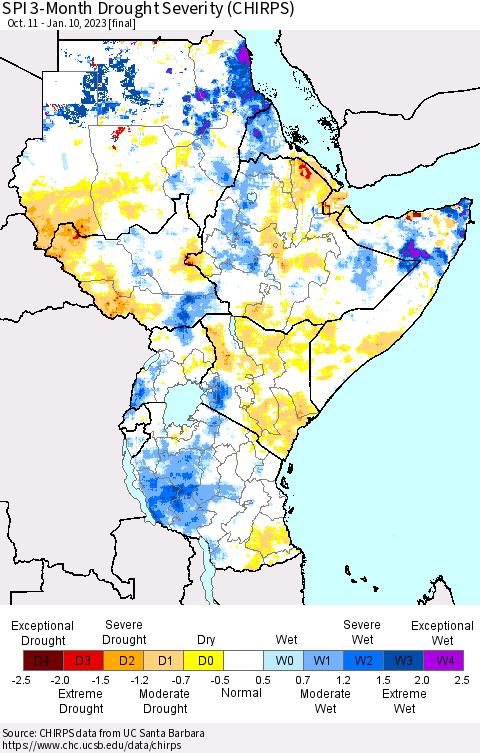 Eastern Africa SPI 3-Month Drought Severity (CHIRPS) Thematic Map For 10/11/2022 - 1/10/2023