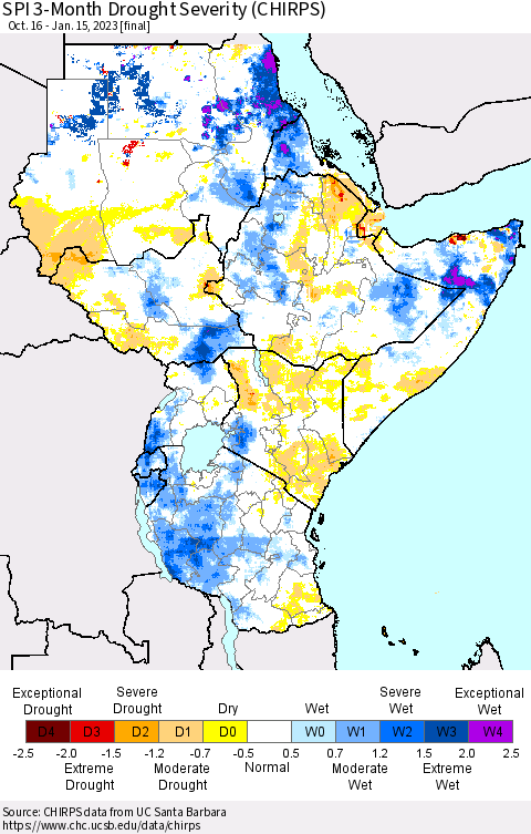 Eastern Africa SPI 3-Month Drought Severity (CHIRPS) Thematic Map For 10/16/2022 - 1/15/2023