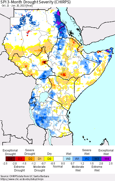 Eastern Africa SPI 3-Month Drought Severity (CHIRPS) Thematic Map For 10/21/2022 - 1/20/2023