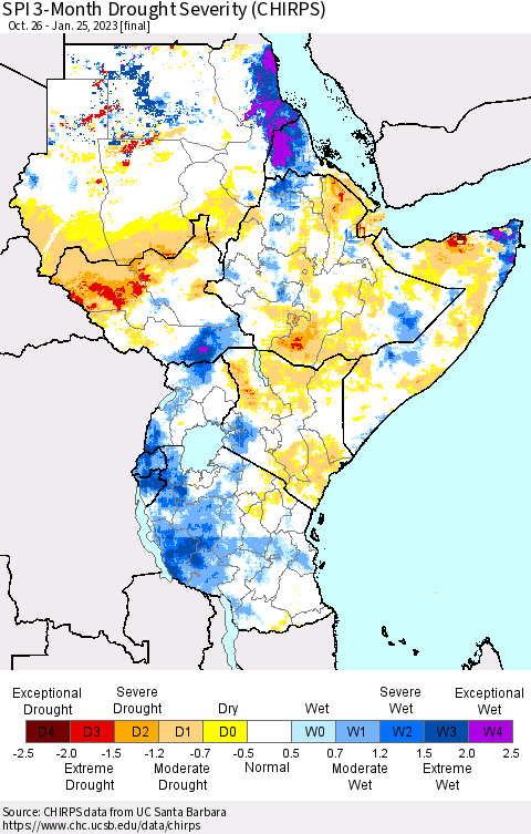 Eastern Africa SPI 3-Month Drought Severity (CHIRPS) Thematic Map For 10/26/2022 - 1/25/2023