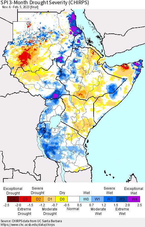 Eastern Africa SPI 3-Month Drought Severity (CHIRPS) Thematic Map For 11/6/2022 - 2/5/2023
