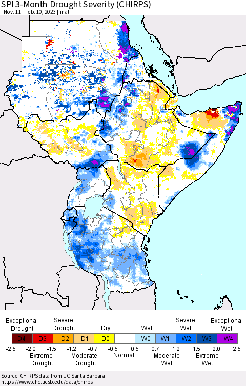 Eastern Africa SPI 3-Month Drought Severity (CHIRPS) Thematic Map For 11/11/2022 - 2/10/2023