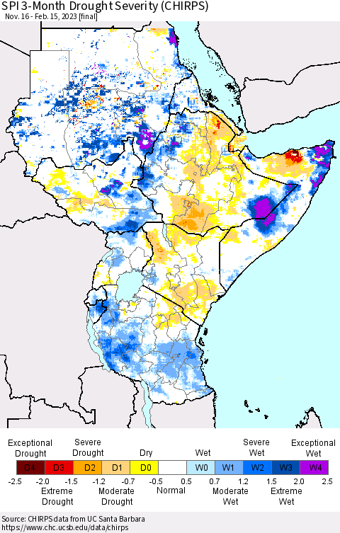 Eastern Africa SPI 3-Month Drought Severity (CHIRPS) Thematic Map For 11/16/2022 - 2/15/2023