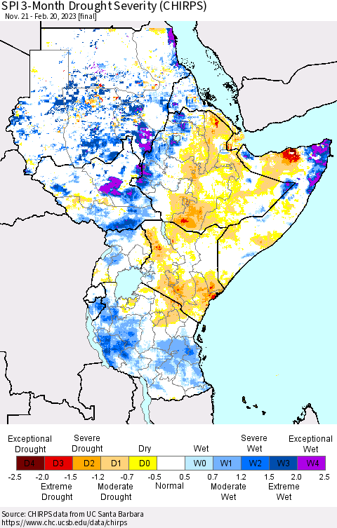 Eastern Africa SPI 3-Month Drought Severity (CHIRPS) Thematic Map For 11/21/2022 - 2/20/2023