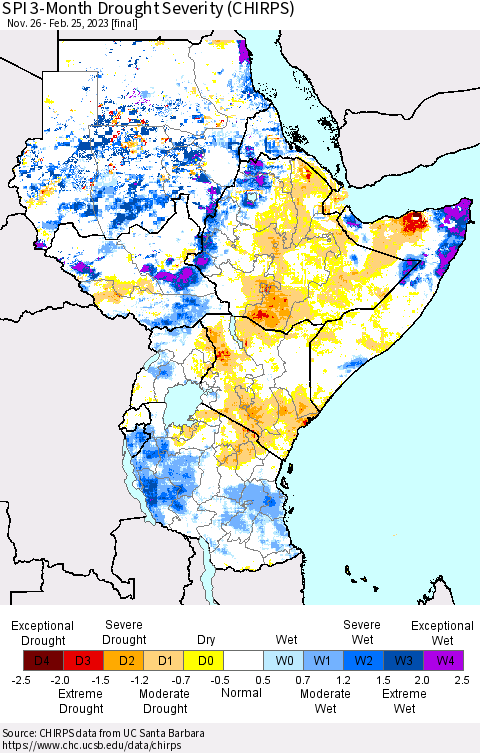 Eastern Africa SPI 3-Month Drought Severity (CHIRPS) Thematic Map For 11/26/2022 - 2/25/2023