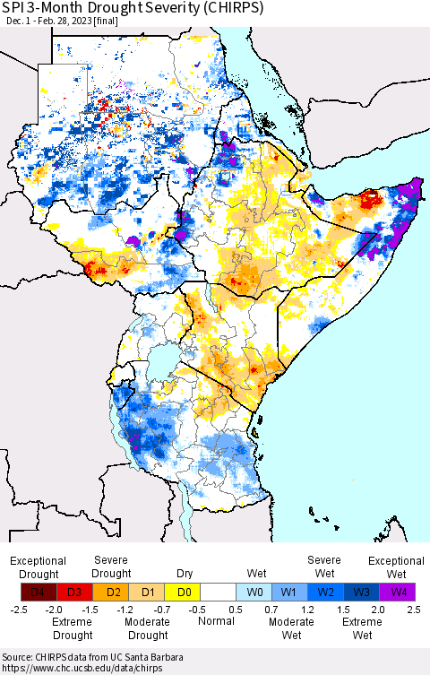 Eastern Africa SPI 3-Month Drought Severity (CHIRPS) Thematic Map For 12/1/2022 - 2/28/2023