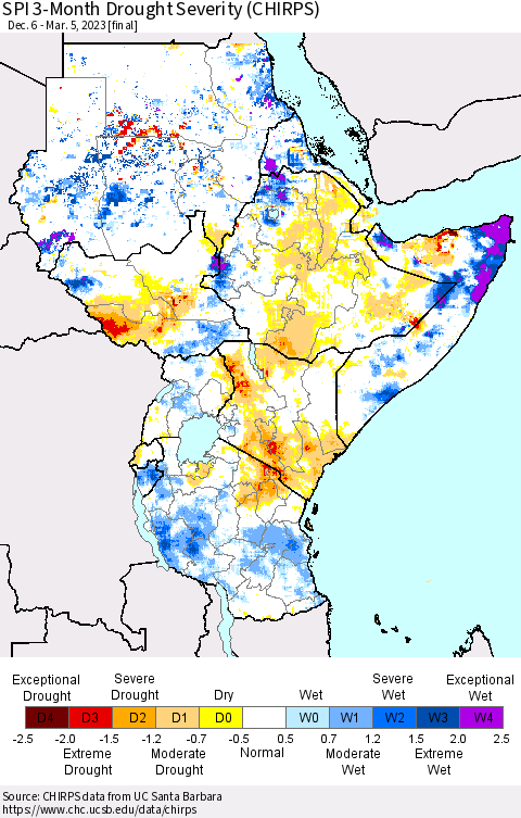 Eastern Africa SPI 3-Month Drought Severity (CHIRPS) Thematic Map For 12/6/2022 - 3/5/2023