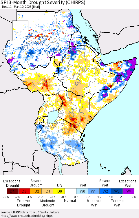 Eastern Africa SPI 3-Month Drought Severity (CHIRPS) Thematic Map For 12/11/2022 - 3/10/2023