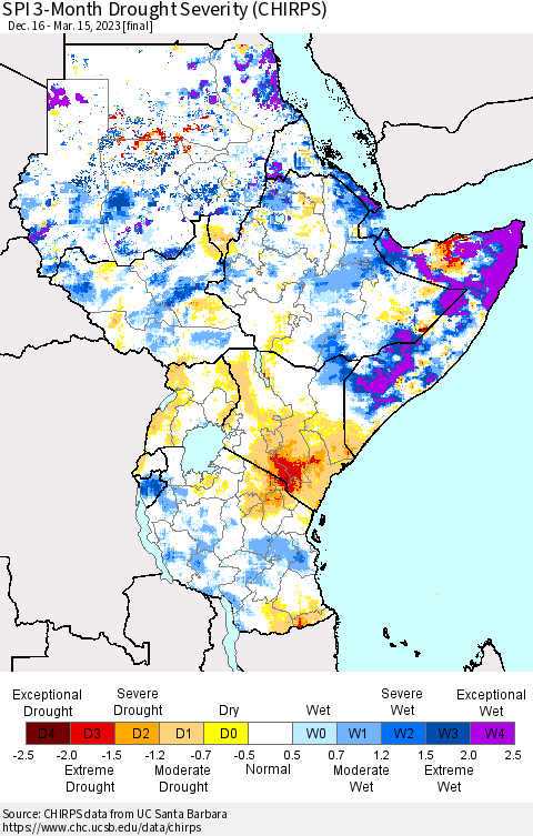 Eastern Africa SPI 3-Month Drought Severity (CHIRPS) Thematic Map For 12/16/2022 - 3/15/2023