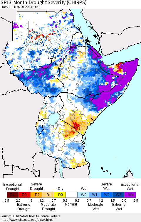 Eastern Africa SPI 3-Month Drought Severity (CHIRPS) Thematic Map For 12/21/2022 - 3/20/2023