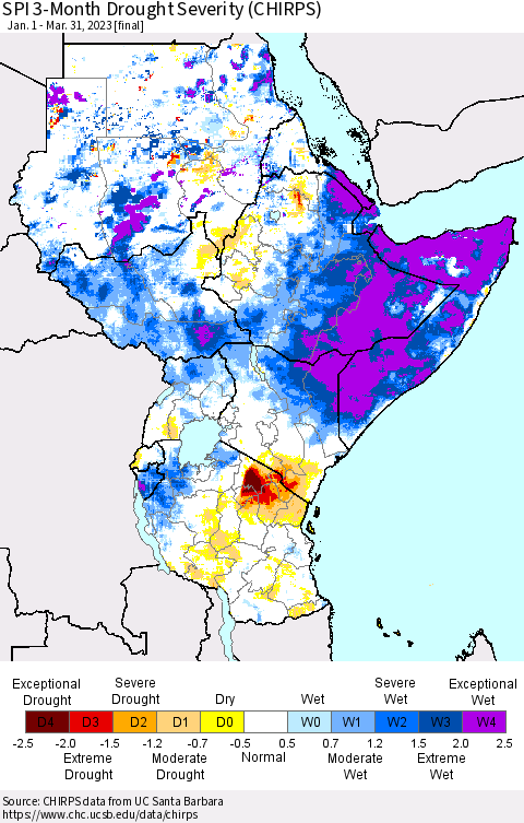 Eastern Africa SPI 3-Month Drought Severity (CHIRPS) Thematic Map For 1/1/2023 - 3/31/2023