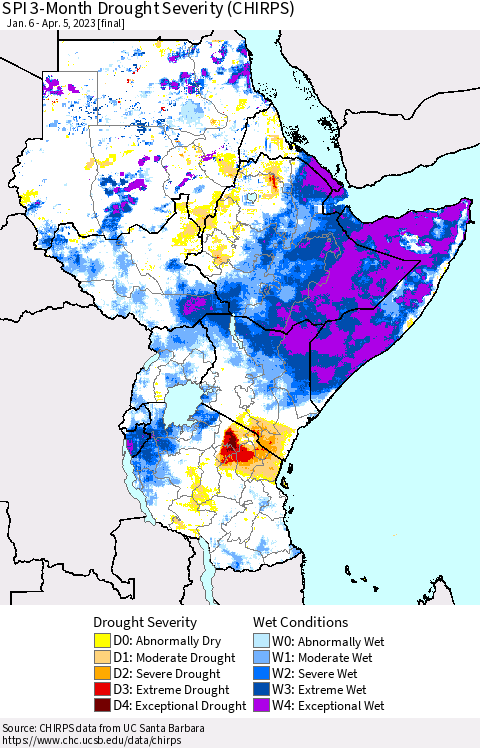 Eastern Africa SPI 3-Month Drought Severity (CHIRPS) Thematic Map For 1/6/2023 - 4/5/2023
