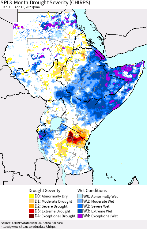 Eastern Africa SPI 3-Month Drought Severity (CHIRPS) Thematic Map For 1/11/2023 - 4/10/2023