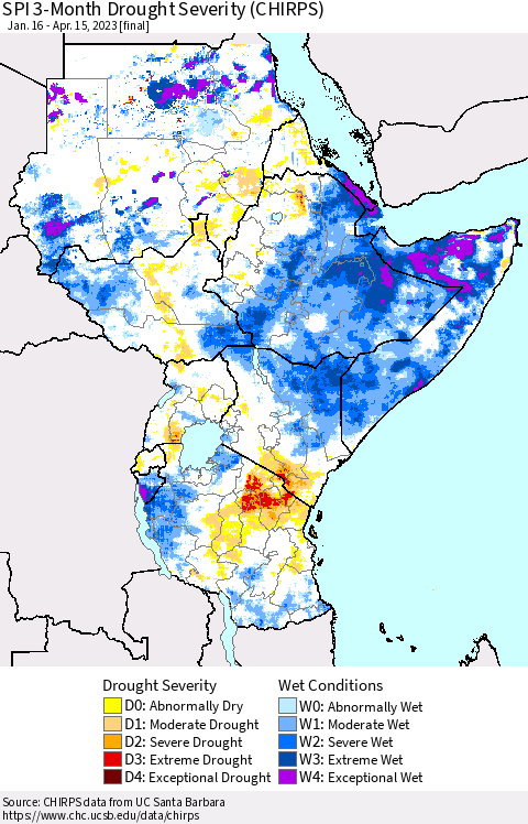 Eastern Africa SPI 3-Month Drought Severity (CHIRPS) Thematic Map For 1/16/2023 - 4/15/2023