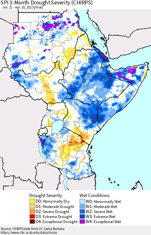 Eastern Africa SPI 3-Month Drought Severity (CHIRPS) Thematic Map For 1/21/2023 - 4/20/2023