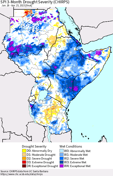 Eastern Africa SPI 3-Month Drought Severity (CHIRPS) Thematic Map For 1/26/2023 - 4/25/2023