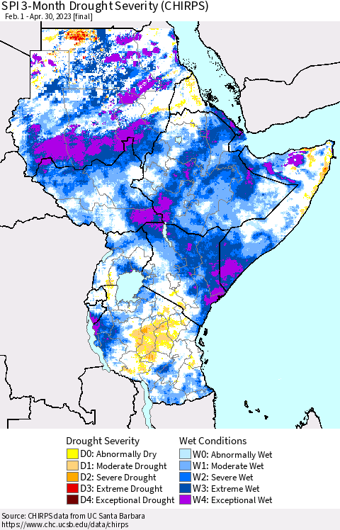 Eastern Africa SPI 3-Month Drought Severity (CHIRPS) Thematic Map For 2/1/2023 - 4/30/2023