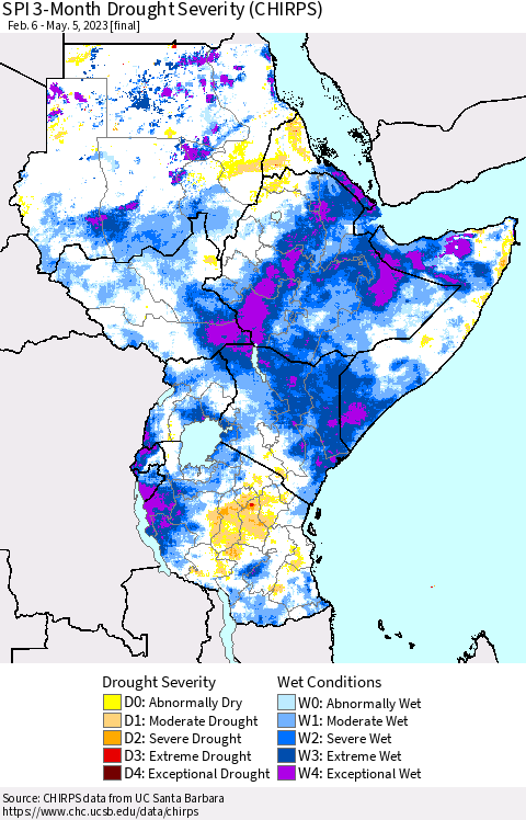 Eastern Africa SPI 3-Month Drought Severity (CHIRPS) Thematic Map For 2/6/2023 - 5/5/2023