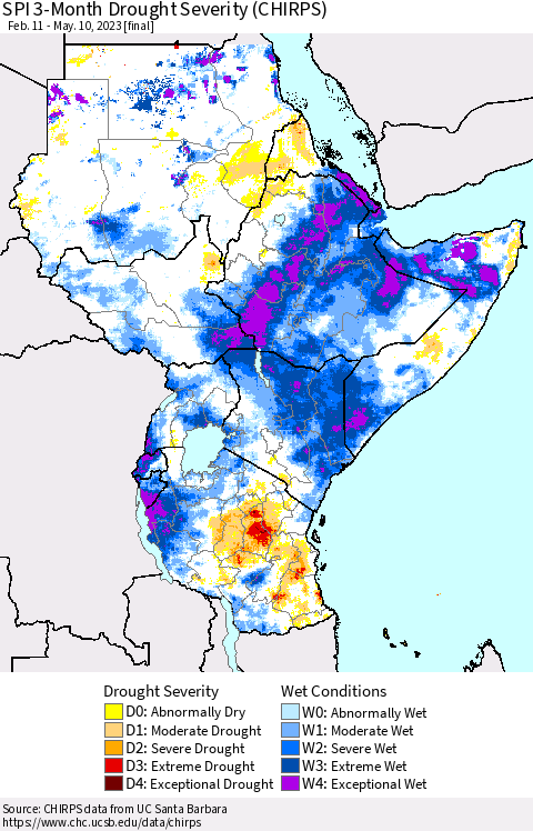 Eastern Africa SPI 3-Month Drought Severity (CHIRPS) Thematic Map For 2/11/2023 - 5/10/2023