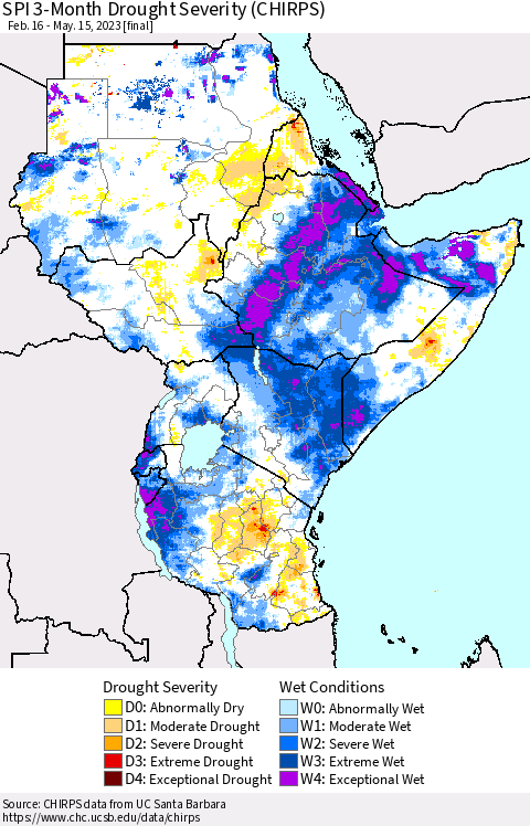 Eastern Africa SPI 3-Month Drought Severity (CHIRPS) Thematic Map For 2/16/2023 - 5/15/2023