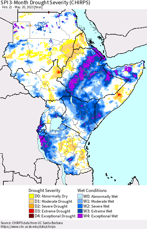 Eastern Africa SPI 3-Month Drought Severity (CHIRPS) Thematic Map For 2/21/2023 - 5/20/2023