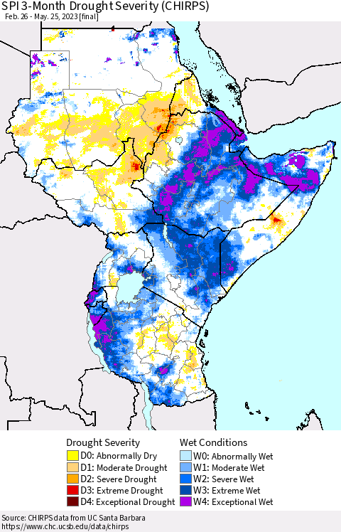 Eastern Africa SPI 3-Month Drought Severity (CHIRPS) Thematic Map For 2/26/2023 - 5/25/2023