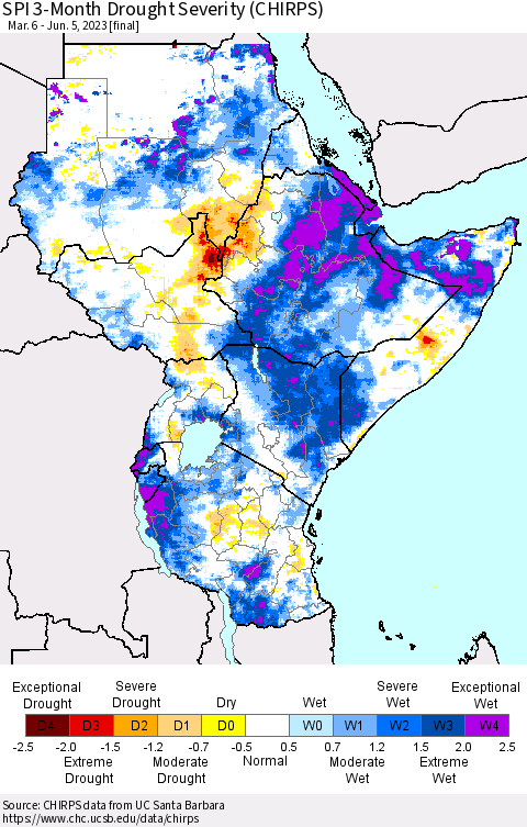 Eastern Africa SPI 3-Month Drought Severity (CHIRPS) Thematic Map For 3/6/2023 - 6/5/2023
