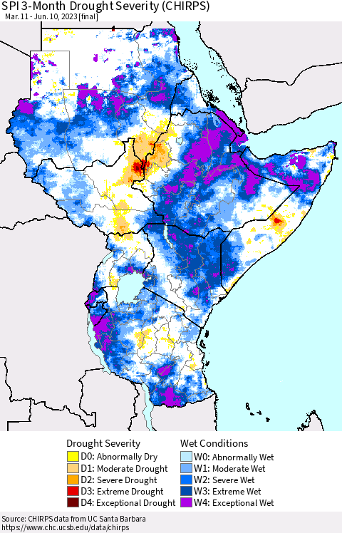 Eastern Africa SPI 3-Month Drought Severity (CHIRPS) Thematic Map For 3/11/2023 - 6/10/2023