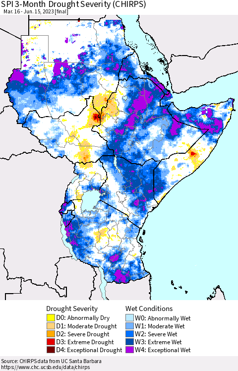 Eastern Africa SPI 3-Month Drought Severity (CHIRPS) Thematic Map For 3/16/2023 - 6/15/2023