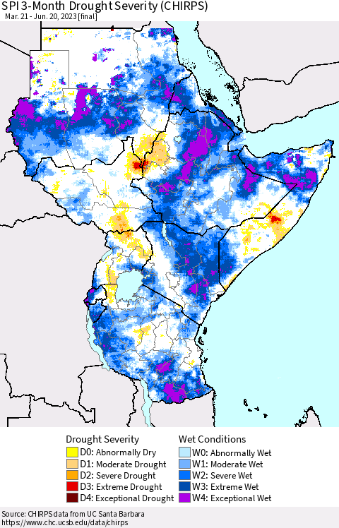 Eastern Africa SPI 3-Month Drought Severity (CHIRPS) Thematic Map For 3/21/2023 - 6/20/2023