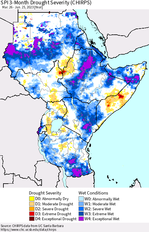 Eastern Africa SPI 3-Month Drought Severity (CHIRPS) Thematic Map For 3/26/2023 - 6/25/2023