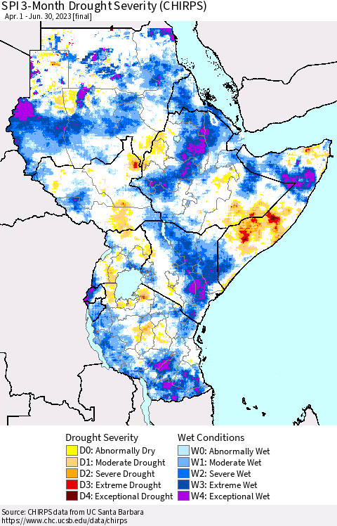 Eastern Africa SPI 3-Month Drought Severity (CHIRPS) Thematic Map For 4/1/2023 - 6/30/2023