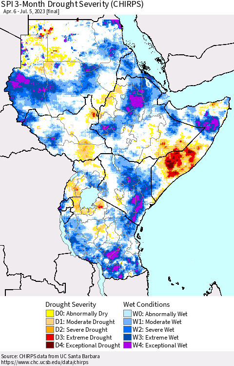 Eastern Africa SPI 3-Month Drought Severity (CHIRPS) Thematic Map For 4/6/2023 - 7/5/2023