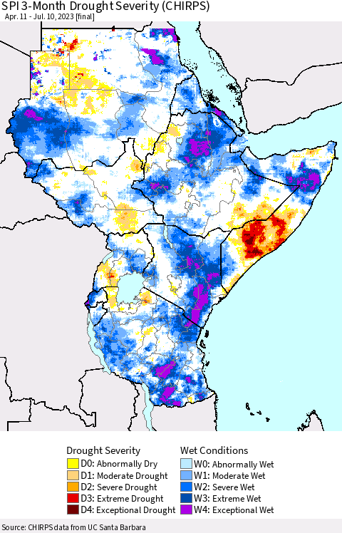 Eastern Africa SPI 3-Month Drought Severity (CHIRPS) Thematic Map For 4/11/2023 - 7/10/2023