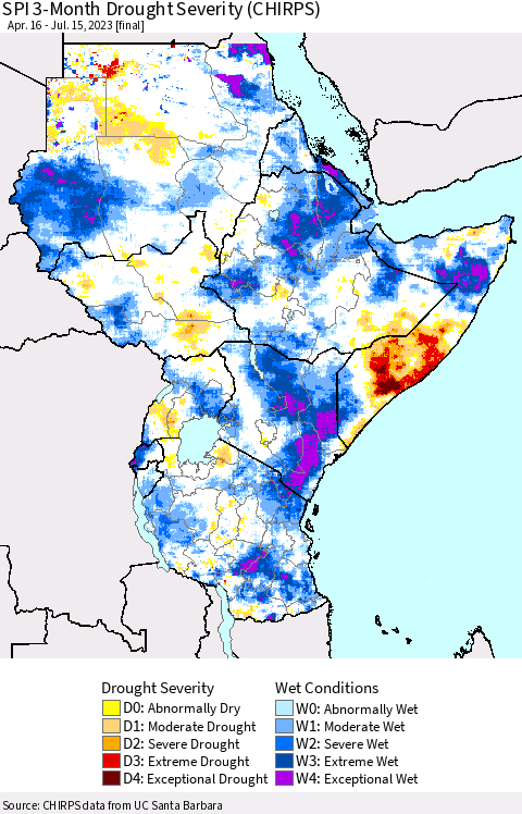 Eastern Africa SPI 3-Month Drought Severity (CHIRPS) Thematic Map For 4/16/2023 - 7/15/2023