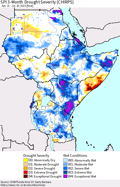 Eastern Africa SPI 3-Month Drought Severity (CHIRPS) Thematic Map For 4/21/2023 - 7/20/2023