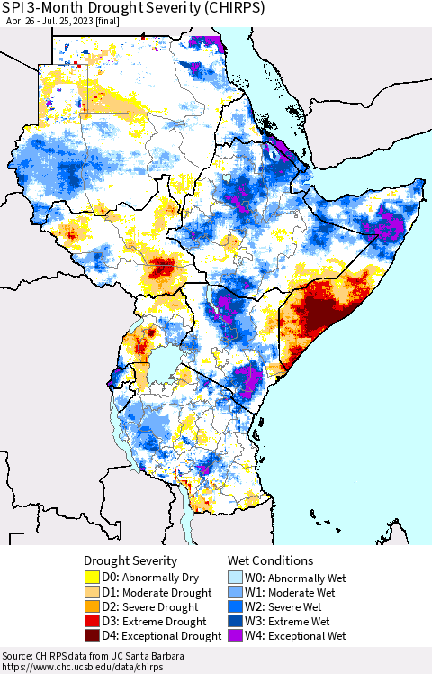 Eastern Africa SPI 3-Month Drought Severity (CHIRPS) Thematic Map For 4/26/2023 - 7/25/2023